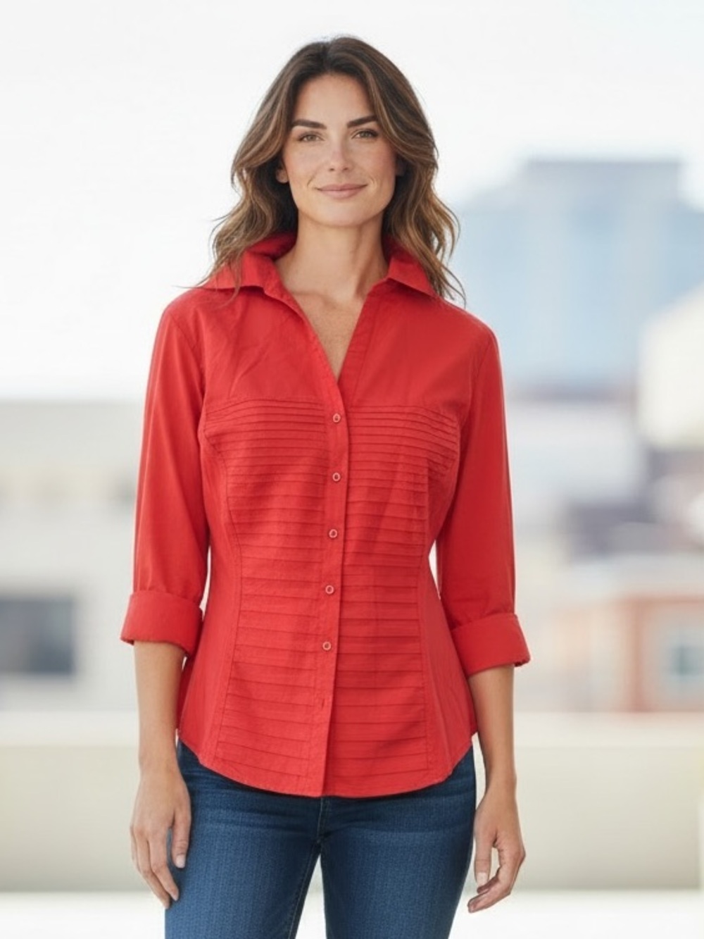 Zac & Rachel Red Pintuck Pleated Button Down Shirt Blouse Stretch Cotton L